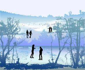 Winter landscape with people skating on frozen lake. Blue, white and green landscape with silhouettes of trees and people