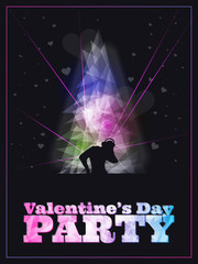 Valentines day party poster with hearts, dj, laser, dark color background