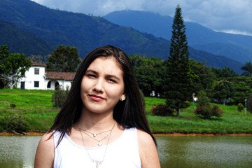 Country Girl Near Mountain Lake 