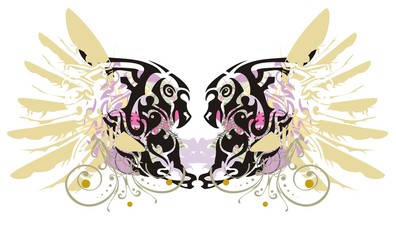 Grunge double imaginary animal symbol. Colorful splashes in a symbol of the eagle and horse head with gold eagle wings