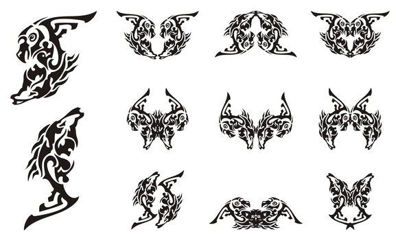 Tribal tattoo imaginary animal symbols. Abstract symbol in the form of the head of an eagle and the head of a horse. Double imaginary animal symbols in black and white options
