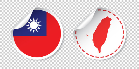 Taiwan sticker with flag and map. Label, round tag with country. Vector illustration on isolated background.