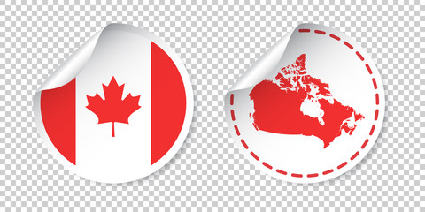 Canada sticker with flag and map. Label, round tag with country. Vector illustration on isolated background.