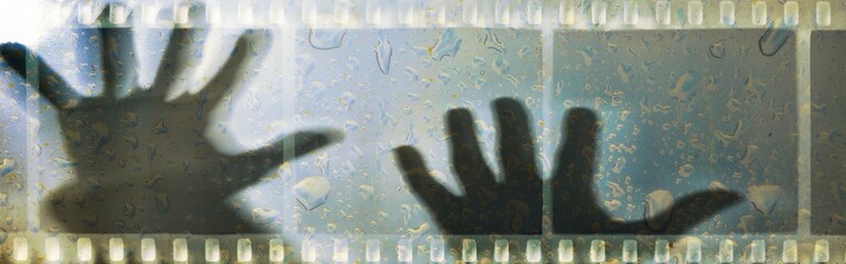 Two hands on vintage film strip frame with wet glass.