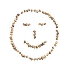 A smiley face made with hemp seeds on white background