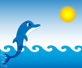 Dolphin who is jumping out of sea water against the blue sky and the sun. Vector illustration.