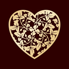 Openwork golden heart with leaves. Vector decorative element. Laser cutting or foiling template for greeting cards, envelopes, wedding invitations, interior elements.