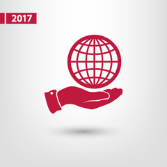 Globe icon with hand, vector illustration. Flat design style