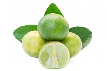 Fresh lime fruit sour taste with a half on white background.