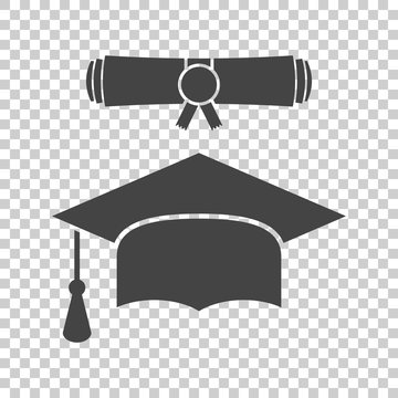 Graduation cap and diploma scroll icon vector illustration in flat style. Finish education symbol. Celebration element. Black graduation cap with diploma on isolated background.