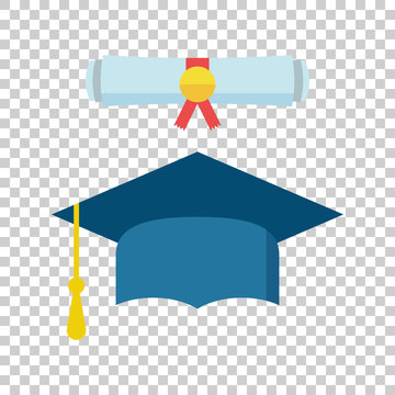 Graduation cap and diploma scroll icon vector illustration in flat style. Finish education symbol. Celebration element. Colorful graduation cap with diploma on isolated background.