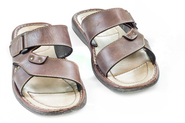 Shoes summer brown leather on white background.