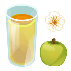 Apple juice, fruit and flower on white background