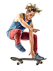 one caucasian skateboarder young teenager man skateboarding isolated on white background © snaptitude