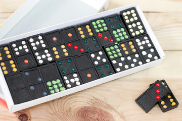 Dominoes game pieces on wood background.