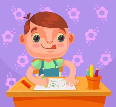 Little boy character draws picture and do homework. Vector flat cartoon illustration