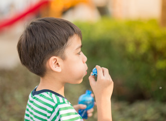 Little boy blowing bubbles soap in the park