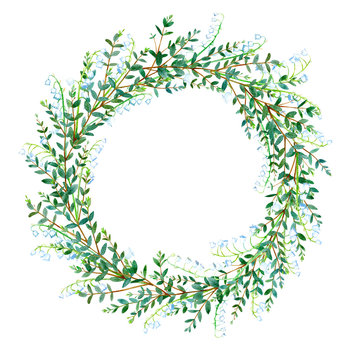 Floral wreath.Garland with Lily of the valley and eucalyptus branches. Watercolor hand drawn illustration.