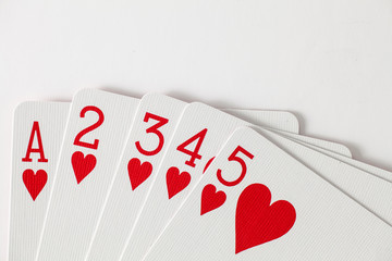 Playing Cards Low Straight Flush in Hearts with room at top