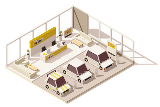 Vector isometric low poly car dealership showroom