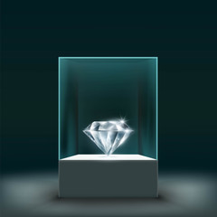 Jewel diamond in a glass cube. Stock vector.