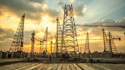 construction site with sunset, time lapse