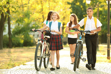 Obraz premium Teenagers with bicycles walking in park