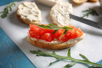 Delicious bruschetta on parchment