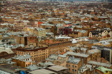 Fototapeta premium Aerial view of Latvia capital city old town Riga seen from hotel room travel Europe Baltic countries destinations