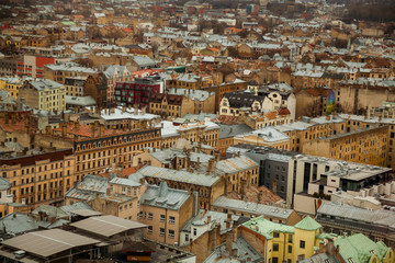 Fototapeta na wymiar Aerial view of Latvia capital city old town Riga seen from hotel room travel Europe Baltic countries destinations