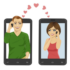couple in love inside their smartphones connect with each other
