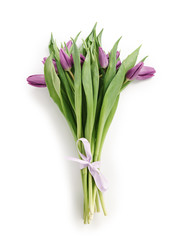 fresh purple tulips bouquet from above on white background