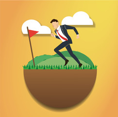 running businessman on the green field and golf flag. reach to success. Business concept