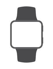 Black square-faced smartwatch with blank screen on white backgro