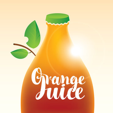 vector banner with a bottle and leaf and the words orange juice