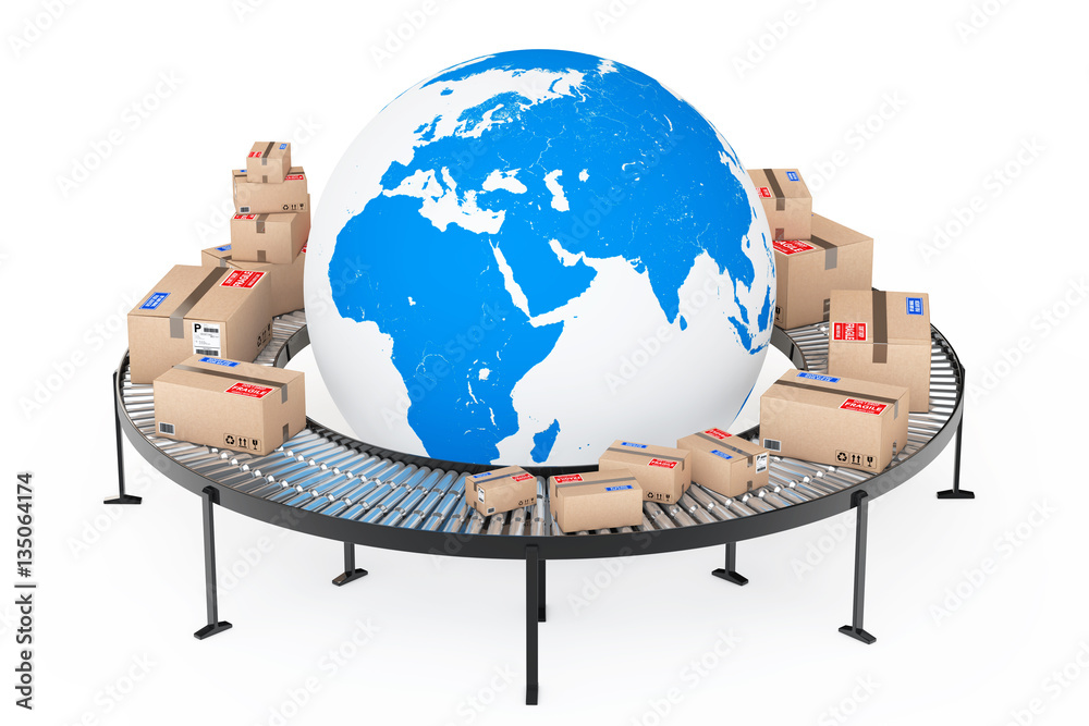 Poster global shipping and logistic concept. earth globe surrounded by