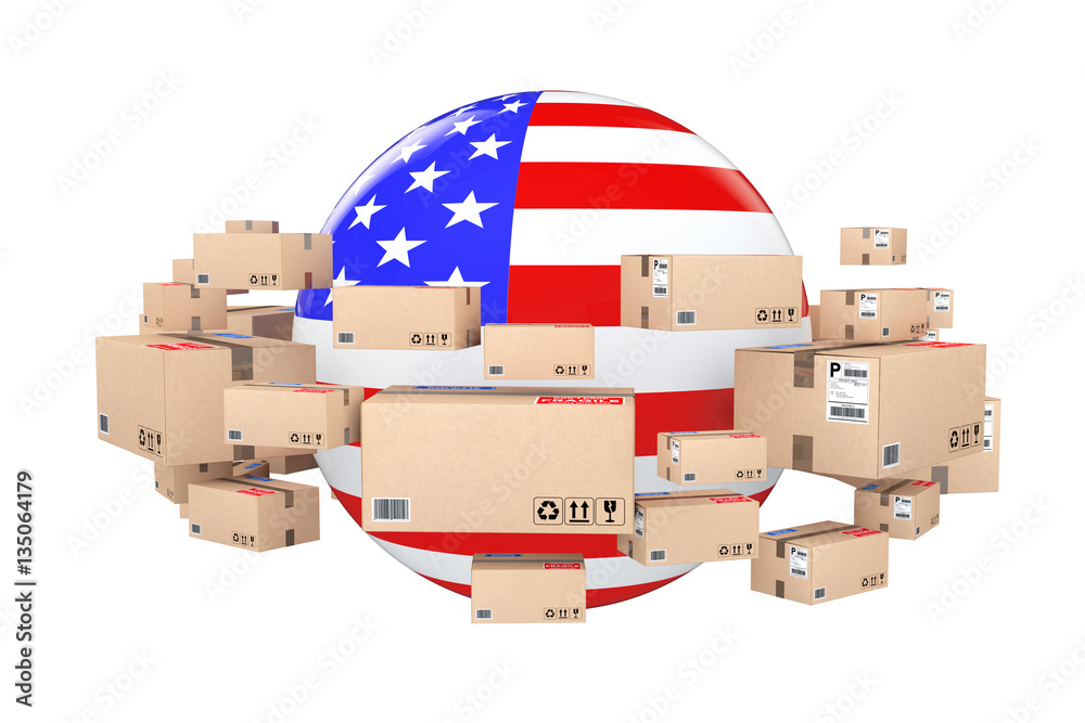 Poster Global Shipping and Logistic Concept. Sphere with USA Flag Surro
