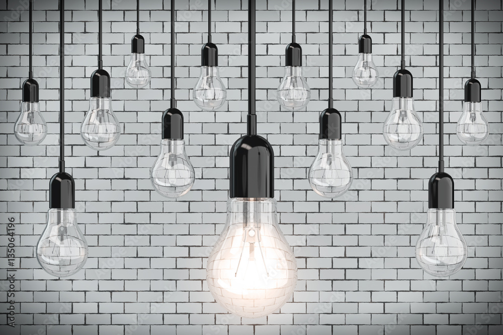 Aufkleber ideas concept. many light bulbs. 3d rendering