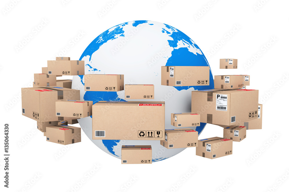 Poster global shipping and logistic concept. earth globe surrounded by
