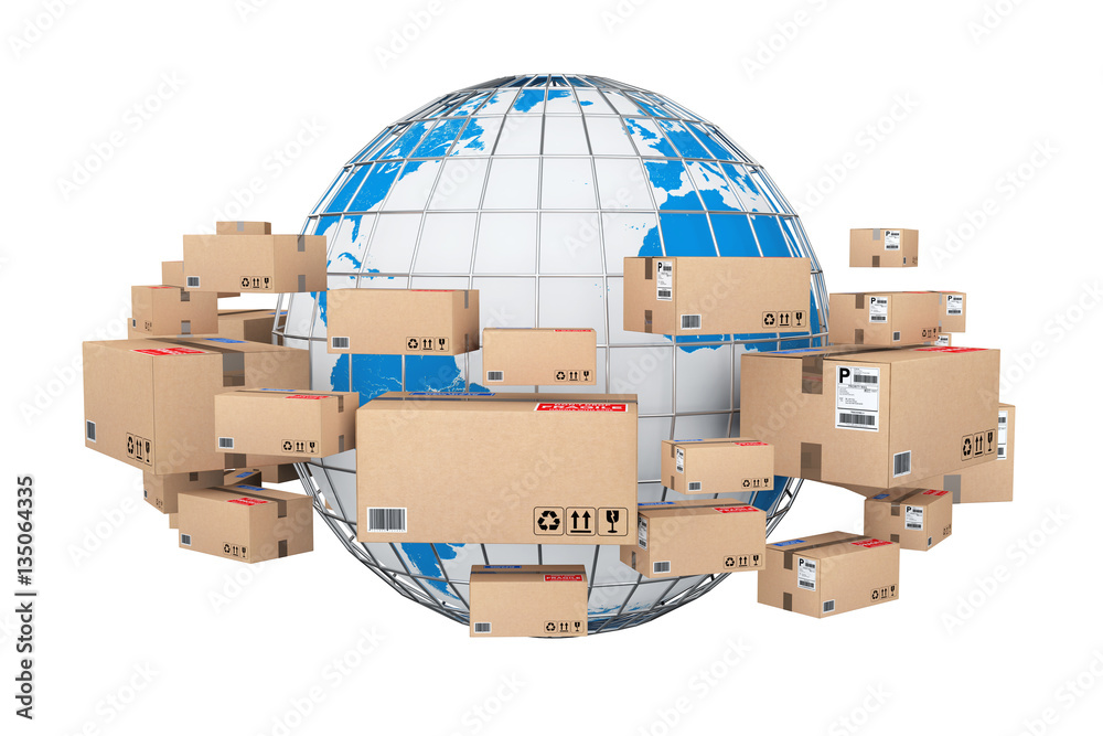 Poster global shipping and logistic concept. earth globe surrounded by