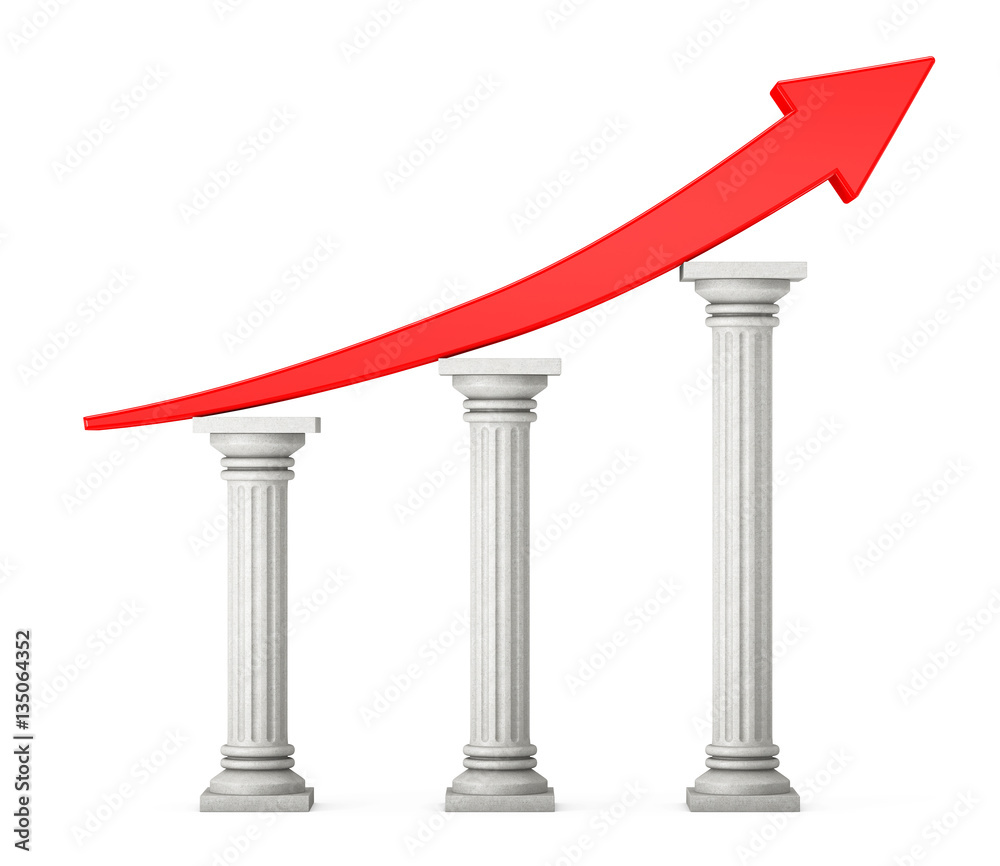 Poster red progress arrow over classic columns. 3d rendering