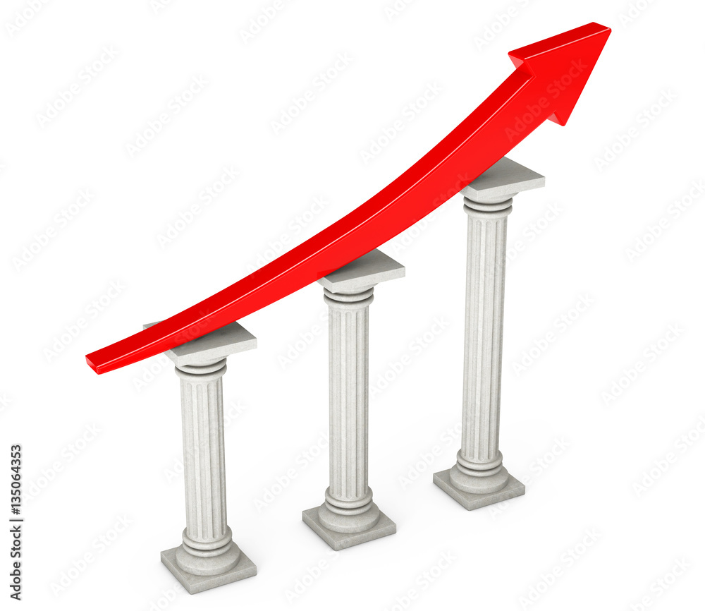 Poster red progress arrow over classic columns. 3d rendering