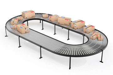 Parcels Transportation System Concept. Cardboard Boxes on Convey