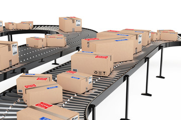 Obraz premium Parcels Transportation System Concept. Cardboard Boxes on Convey
