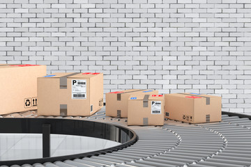 Parcels Transportation System Concept. Cardboard Boxes on Convey