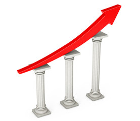 Red Progress Arrow over Classic Columns. 3d Rendering