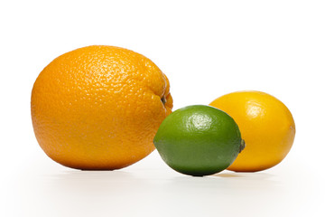 The composition of lemon, lime and orange on a white background