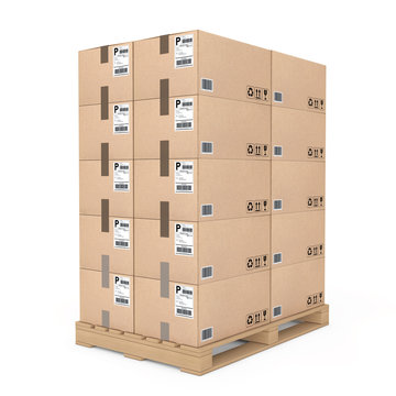 Logistics concept. Cardboard boxes on wooden palette. 3d Renderi