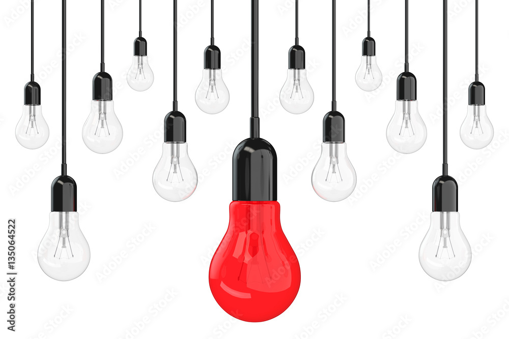 Aufkleber ideas concept. many light bulbs with one red in centre. 3d rende