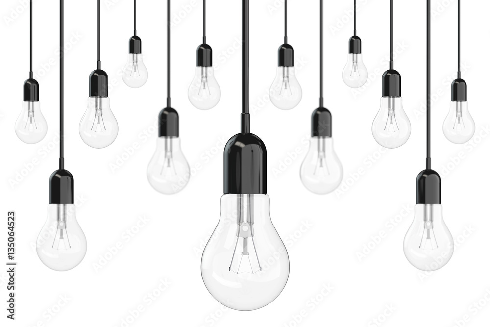 Aufkleber ideas concept. many light bulbs. 3d rendering